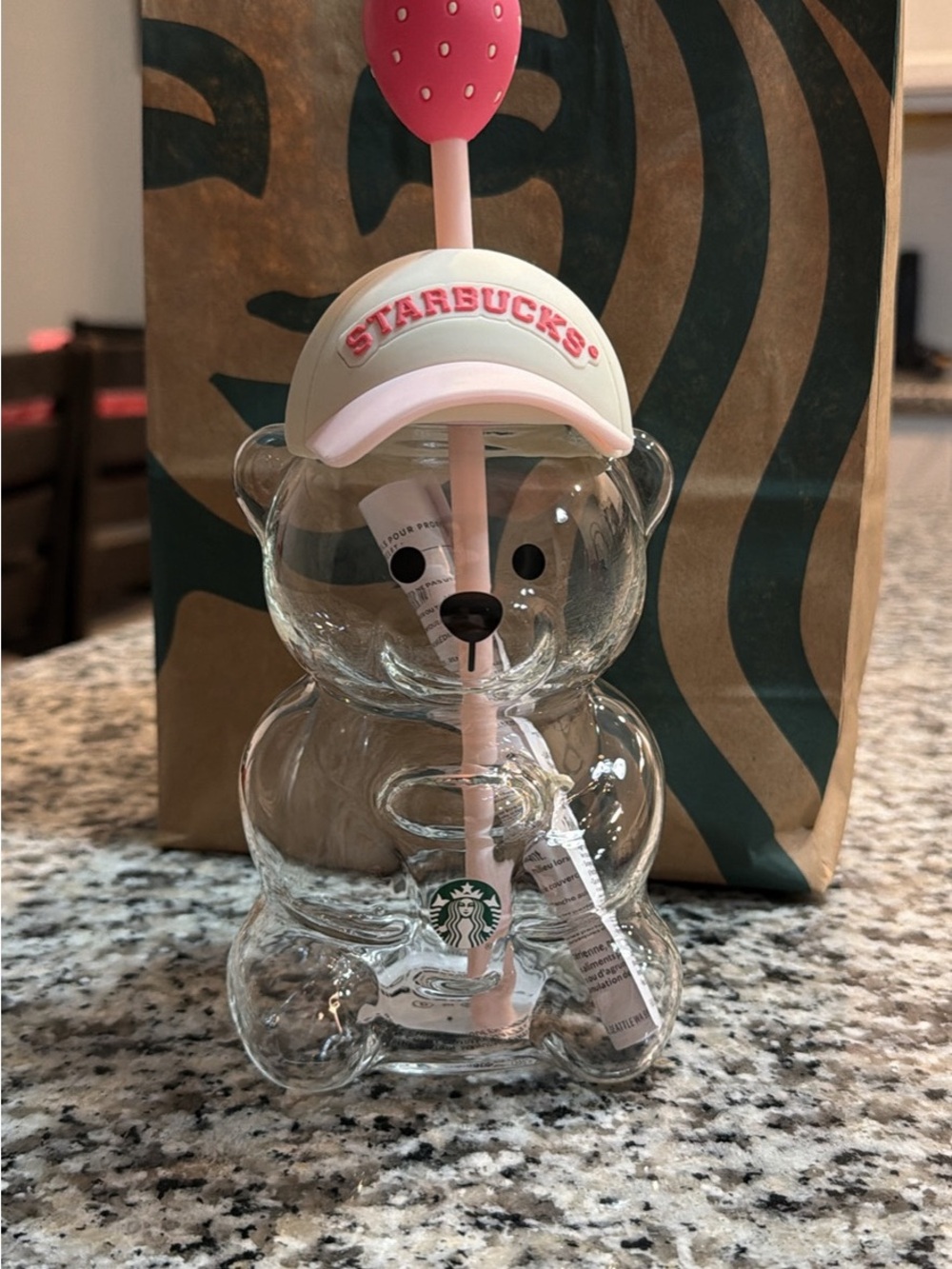 Starbucks Clear Bear Tumbler with Pink Straw and Cream Cap
